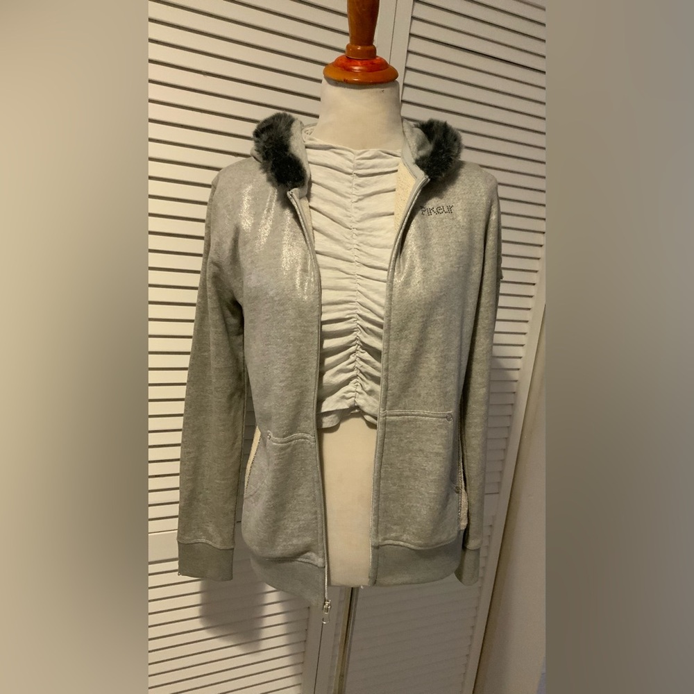 As Is! Pikeur Hoodie Grey Faux Fur Collar New with broken zipper. Retail  $200+